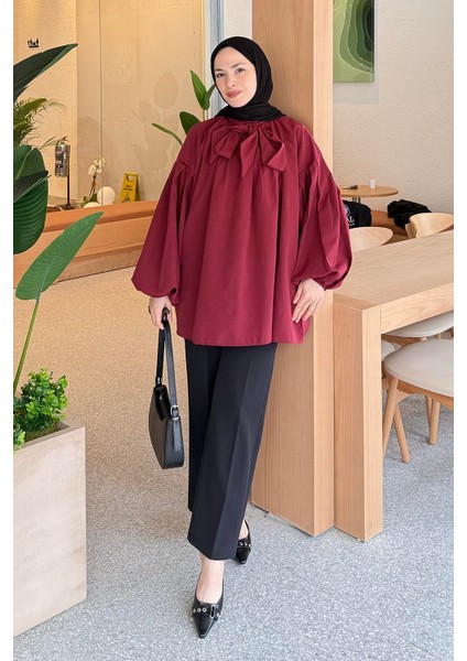 Yaka Fular Detaylı Gömlek Bordo