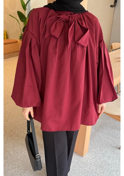 Yaka Fular Detaylı Gömlek Bordo modelleri