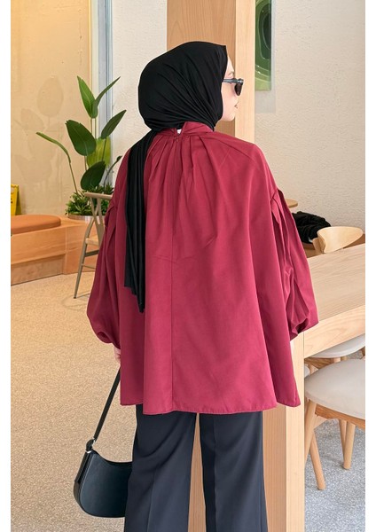 Yaka Fular Detaylı Gömlek Bordo fırsatları