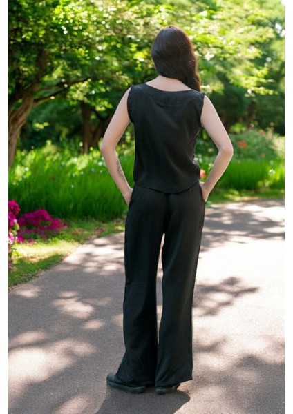 Keten Günlük Kolsuz Şık Rahat Alt Üst Kadın Takım fırsatları