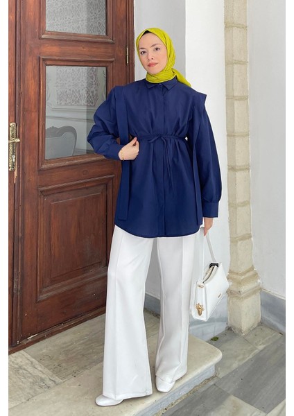 Bel Bağlamalı Omuz Vatkalı Gömlek Lacivert