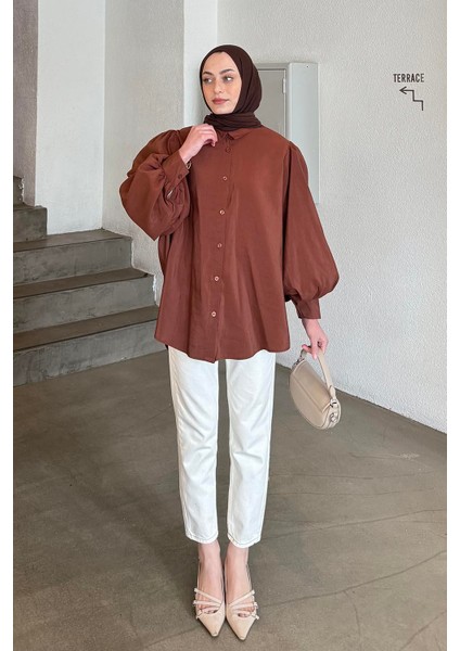 Sedef Balon Kol Gömlek Acı Kahverengi