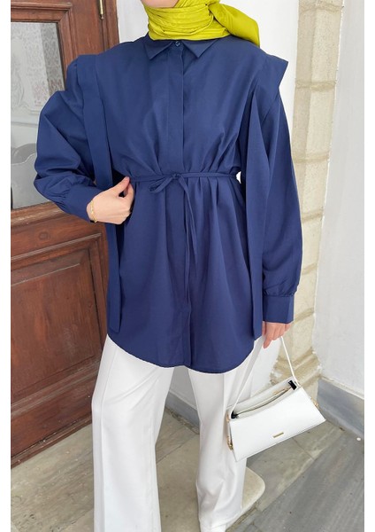 Bel Bağlamalı Omuz Vatkalı Gömlek Lacivert modelleri