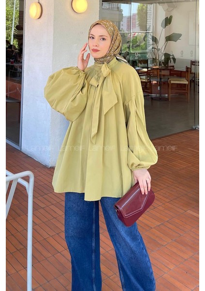 Yaka Fular Detaylı Gömlek Yağ Yeşili