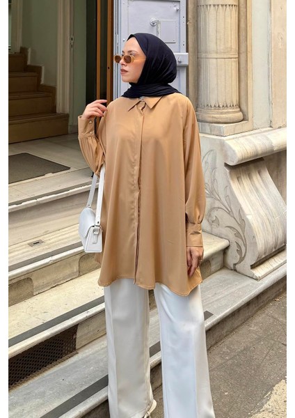 Gizli Düğme Detaylı Tesettür Tunik Sütlü Kahve