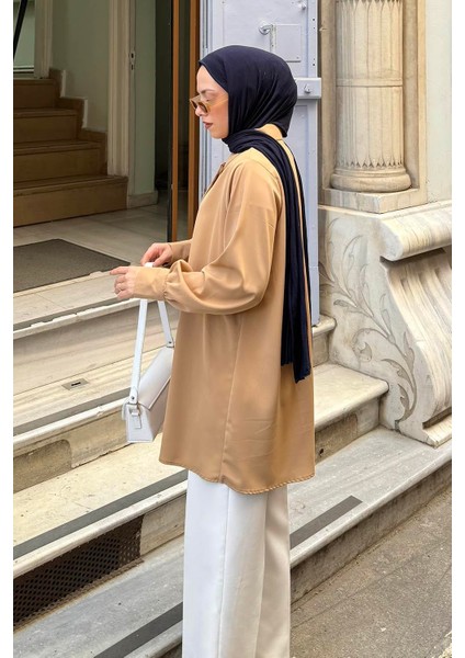 Gizli Düğme Detaylı Tesettür Tunik Sütlü Kahve fiyatları