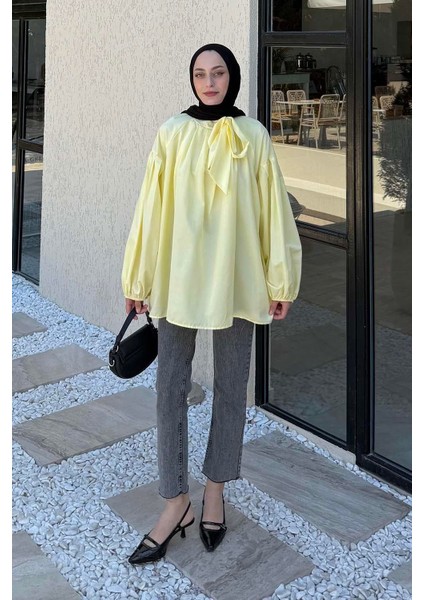 Yaka Fular Detaylı Gömlek Sarı
