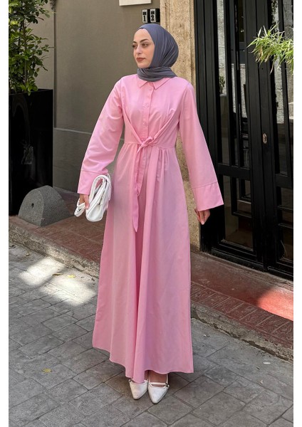Ön Bağlama Detaylı Tesettür Elbise Pembe modelleri