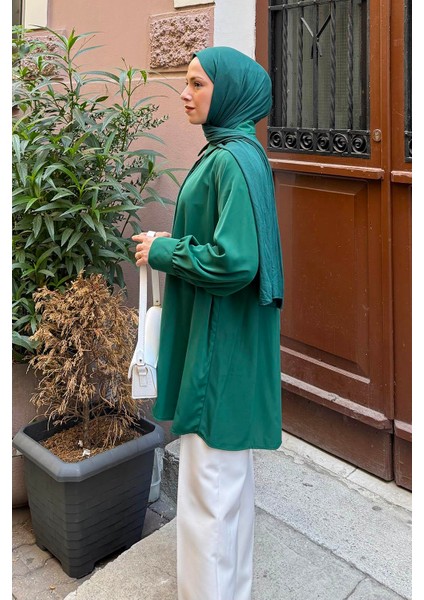 Gizli Düğme Detaylı Tesettür Tunik Zümrüt Yeşili fiyatları