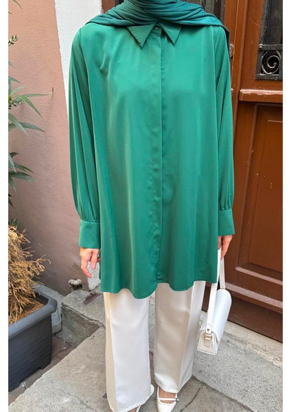 Gizli Düğme Detaylı Tesettür Tunik Zümrüt Yeşili modelleri