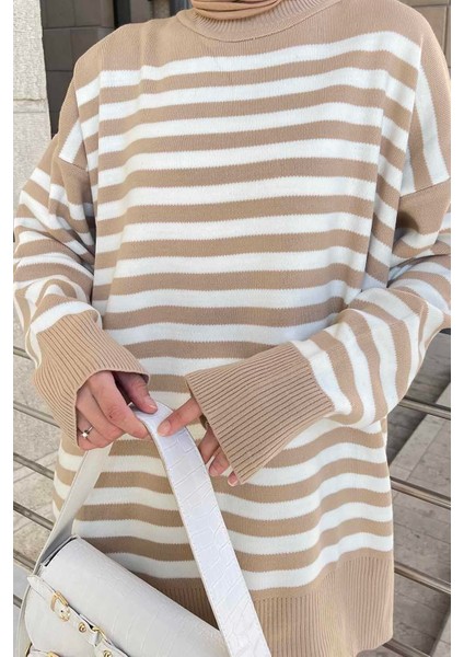 Çizgili Uzun Kazak Sütlü Kahve modelleri