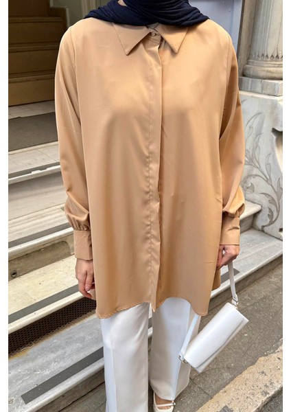 Gizli Düğme Detaylı Tesettür Tunik Sütlü Kahve modelleri