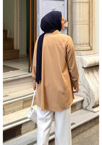 Gizli Düğme Detaylı Tesettür Tunik Sütlü Kahve fırsatları