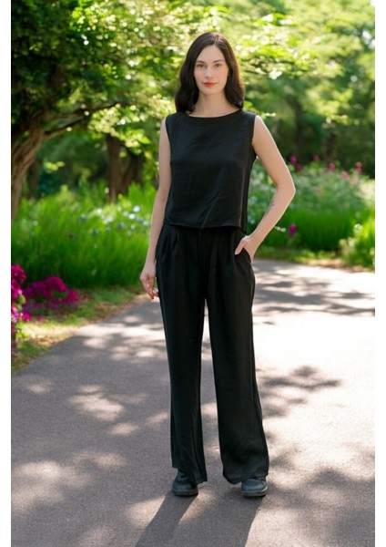 Keten Günlük Kolsuz Şık Rahat Alt Üst Kadın Takım