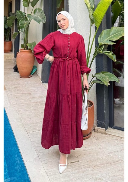 Bel Büzgülü Tesettür Elbise Bordo