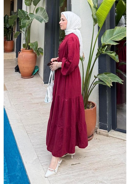 Bel Büzgülü Tesettür Elbise Bordo fiyatları