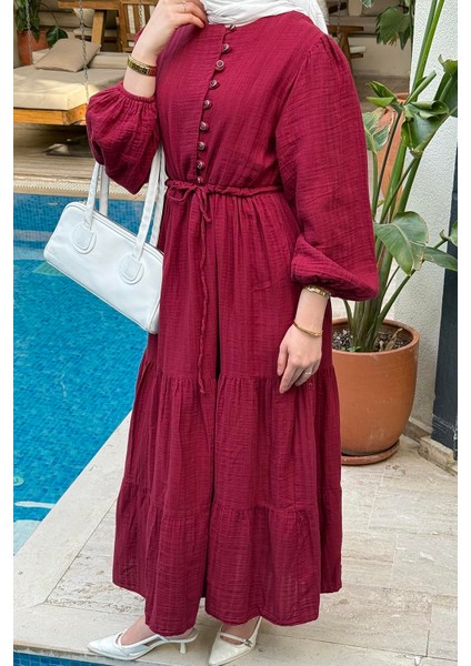 Bel Büzgülü Tesettür Elbise Bordo modelleri
