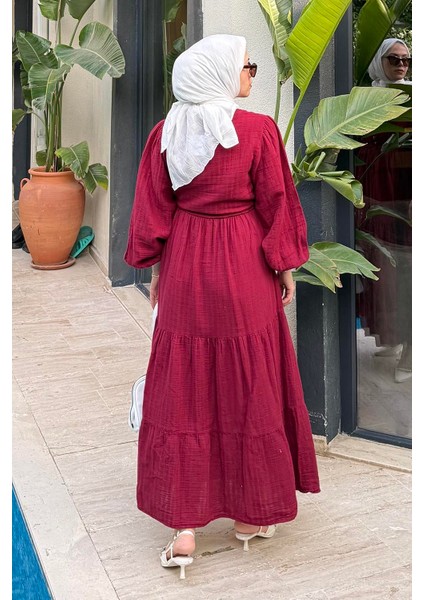 Bel Büzgülü Tesettür Elbise Bordo fırsatları