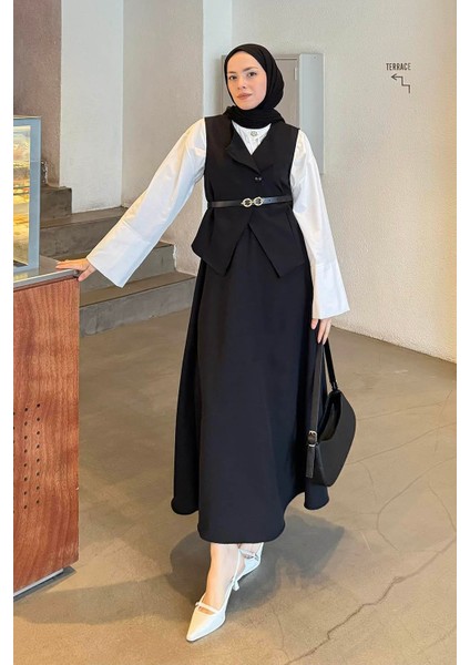 Düğmeli Etek-Yelek Tesettür Ikili Takım Siyah
