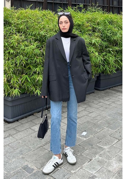 Çizgili Blazer Ceket Siyah