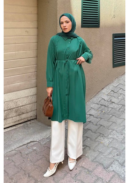 Bağlama Detaylı Uzun Tesettür Tunik Zümrüt Yeşili