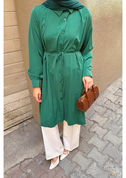 Bağlama Detaylı Uzun Tesettür Tunik Zümrüt Yeşili modelleri