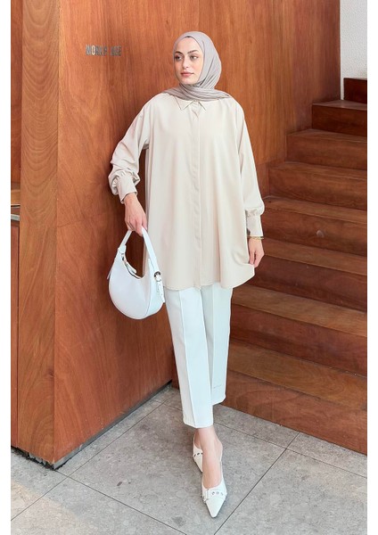 Gizli Düğme Detaylı Tesettür Tunik Taş