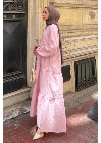 Ön Yarım Düğme Detaylı Müslin Kumaş Tesettür Elbise Pembe fiyatları
