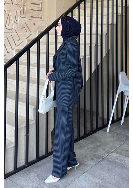 Çizgili Ceket Tesettür Takım Lacivert modelleri