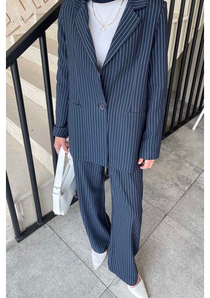 Çizgili Ceket Tesettür Takım Lacivert fırsatları