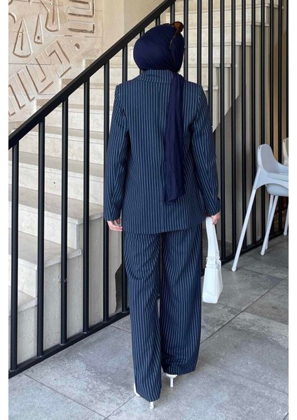 Çizgili Ceket Tesettür Takım Lacivert indirimleri