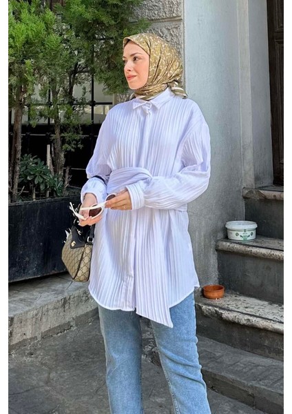 Belden Bağlamalı Tunik Gömlek Beyaz