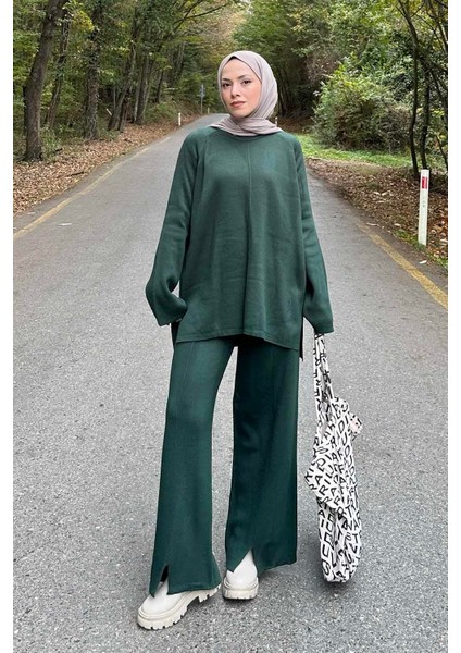 Basic Pantolon Önü Yırtmaçlı Triko Tesettür Takım Haki