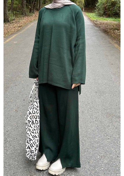Basic Pantolon Önü Yırtmaçlı Triko Tesettür Takım Haki modelleri