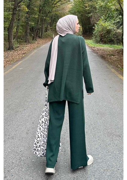 Basic Pantolon Önü Yırtmaçlı Triko Tesettür Takım Haki fırsatları