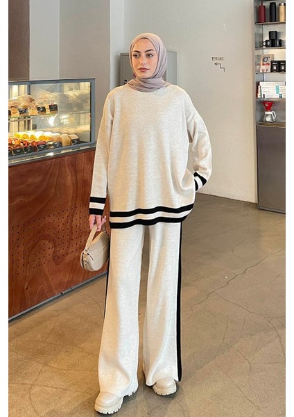 Çizgili Pantolon Triko Tesettür Takım Krem