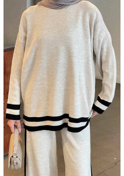 Çizgili Pantolon Triko Tesettür Takım Krem modelleri