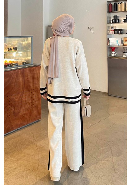 Çizgili Pantolon Triko Tesettür Takım Krem fırsatları