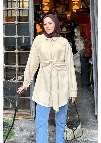 Belden Bağlamalı Tunik Gömlek Sütlü Kahve