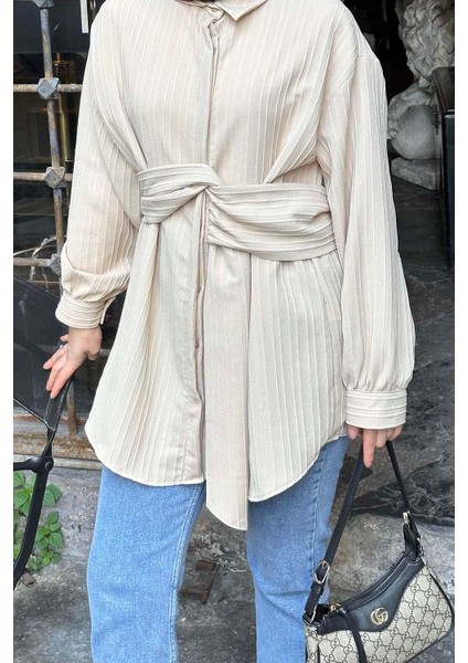 Belden Bağlamalı Tunik Gömlek Sütlü Kahve modelleri