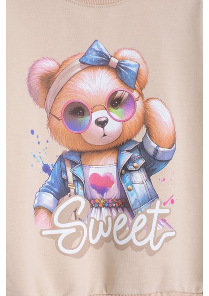 Krem Ayıcık Baskılı Beli Lastikli Kız Çocuk Eşofman Takımı 22753 fiyatları