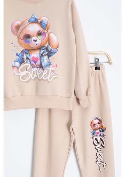 Krem Ayıcık Baskılı Beli Lastikli Kız Çocuk Eşofman Takımı 22753 modelleri
