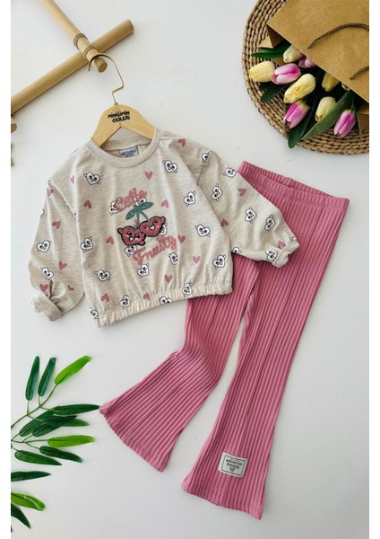 Kiraz Panç Işleme Detaylı Beli Lastikli Kız çocuk takım - Mürdüm