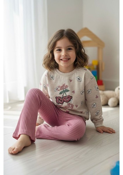 Kiraz Panç Işleme Detaylı Beli Lastikli Kız çocuk takım - Mürdüm fiyatları