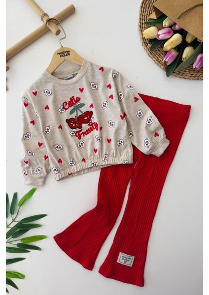 Kiraz Panç Işleme Detaylı Beli Lastikli Kız çocuk takım - Kırmızı