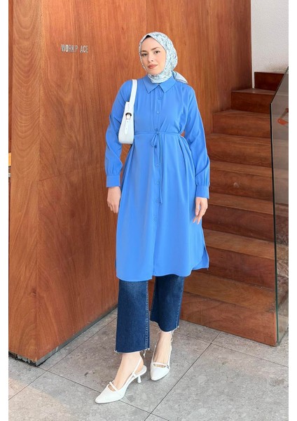 Bağlama Detaylı Uzun Tesettür Tunik Indigo