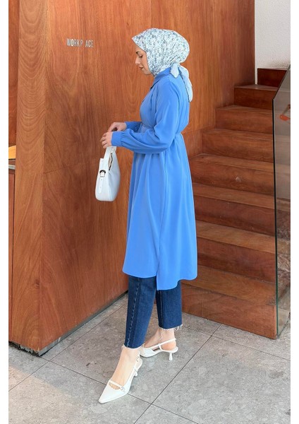 Bağlama Detaylı Uzun Tesettür Tunik Indigo fiyatları