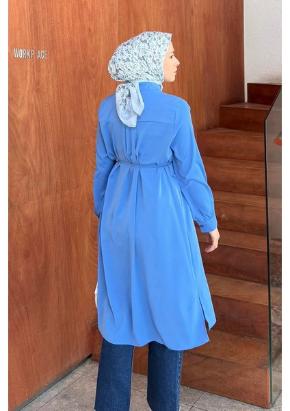 Bağlama Detaylı Uzun Tesettür Tunik Indigo fırsatları