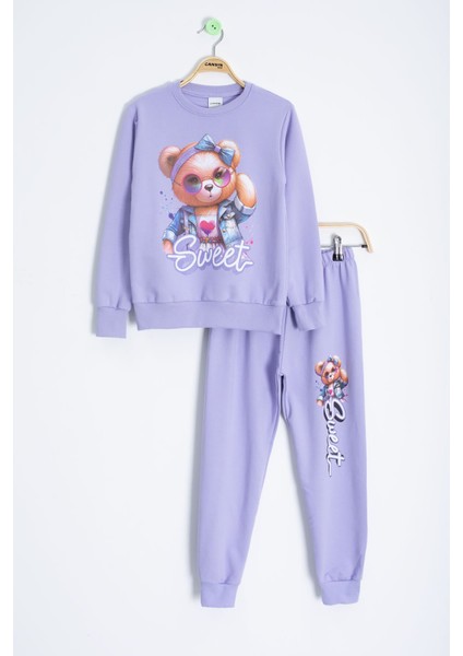 Lila Ayıcık Baskılı Beli Lastikli Kız Çocuk Eşofman Takımı 22754