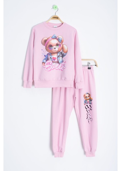 Pembe Ayıcık Baskılı Beli Lastikli Kız Çocuk Eşofman Takımı 22752